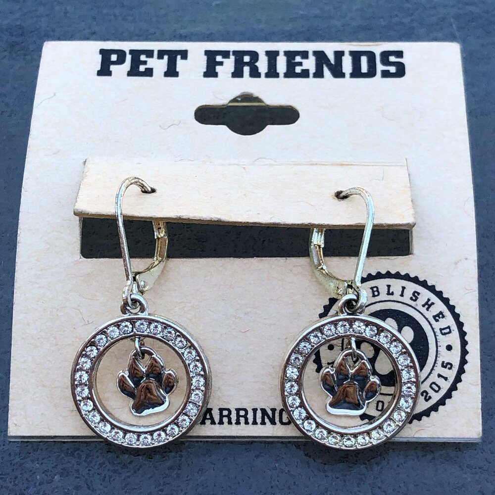 Pet Friends Dog Paw Print Gold Tone Faux Diamond Drop Dangling Earrings